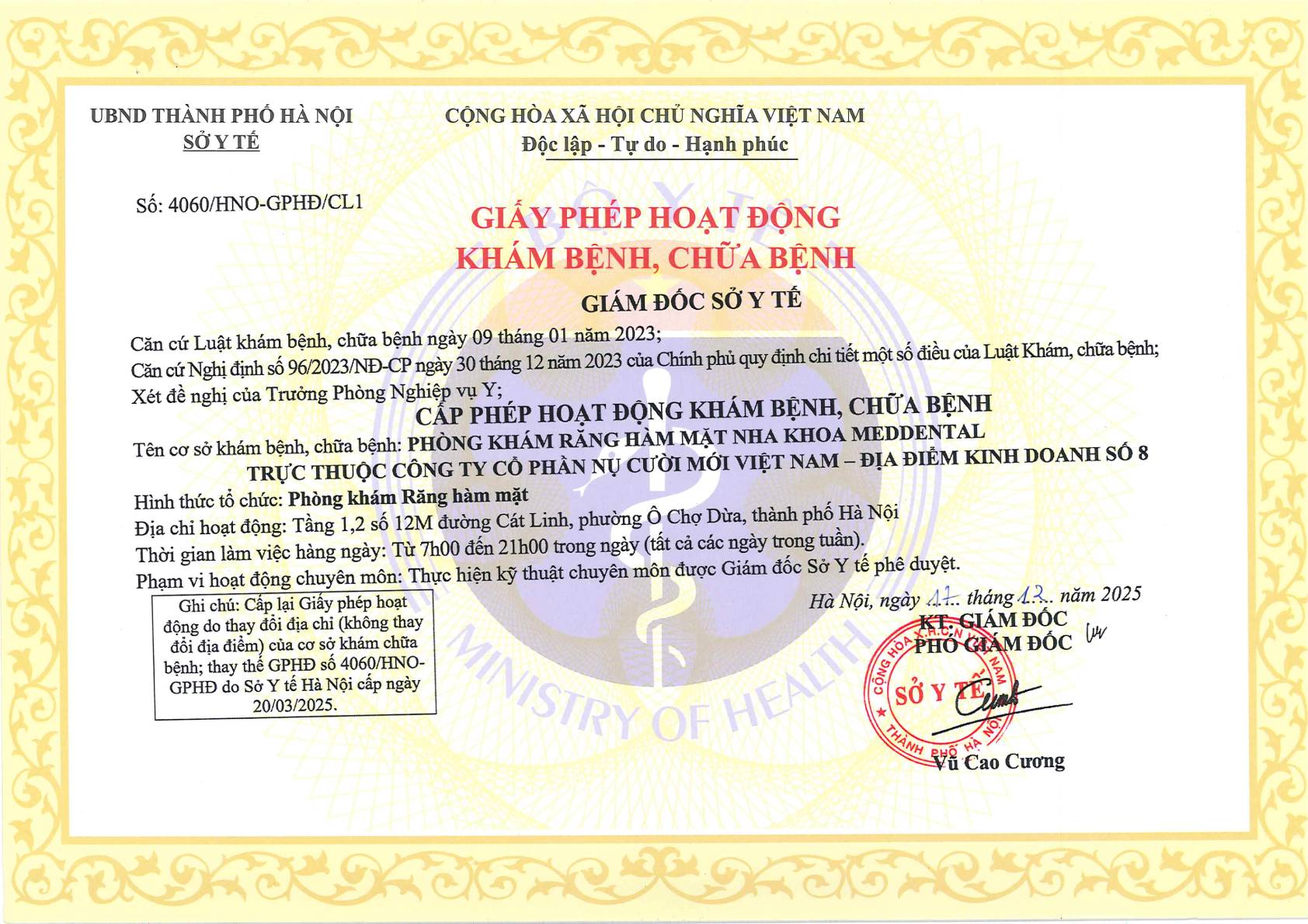 Giấy phép hoạt động Meddental cơ sở Cát Linh